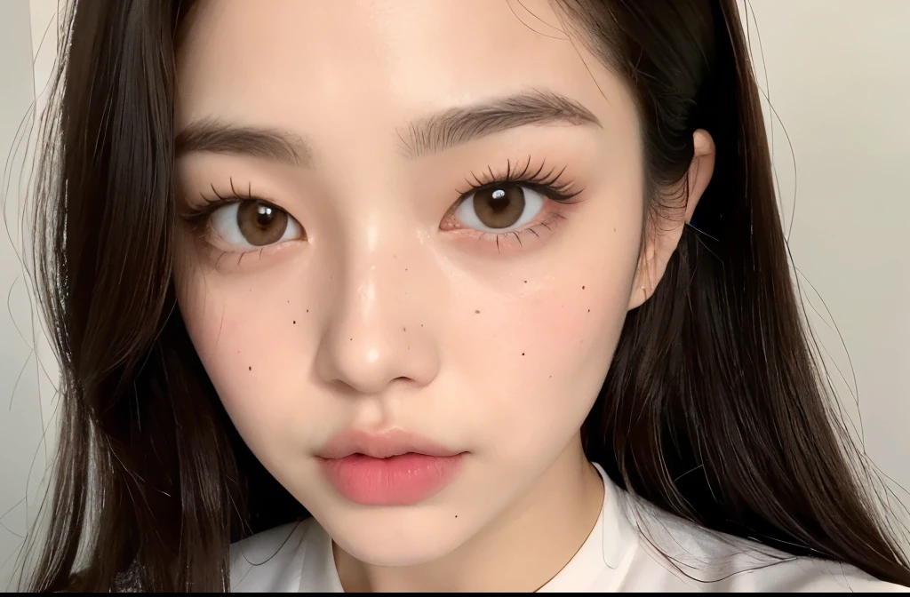 Kim Jennie with black hair, with curls, Brown eyes, pretty eyes, He, pretty lips, pink lips, Heart and cupid shaped lips, Beautiful skin, pale white skin, with moles and freckles all over his face, soft pink blush on cHeeks, douyin makeup, popular korean makeup, with a necklace, while wearing a white shirt, with summer shorts, thin abdomen, (big breasts, deep neckline), VHS style photo, old picture, autophoto, looking to tHe camera