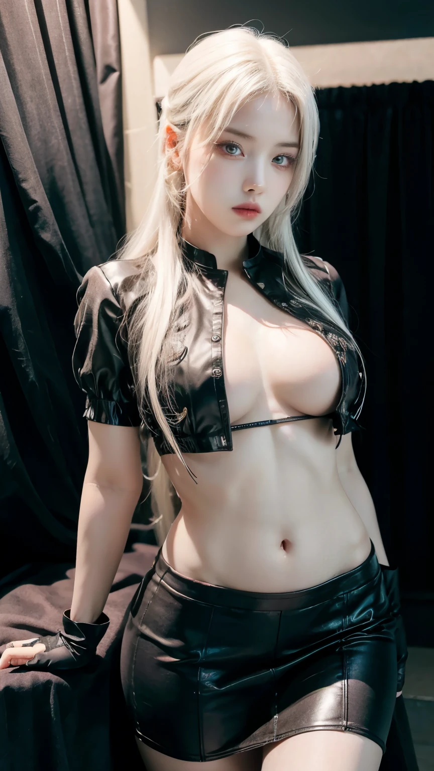 girl with white hair,with bangs, navel, ((exposed lower abdomen)), black gloves, gothic, blouse, skirt, 4K, ((masterpiece)), perfect body, stem, ((perfect eyes)), perfect shading, perfect lighting, (best quality, work of art, ultra detailed, detailed clothing) 