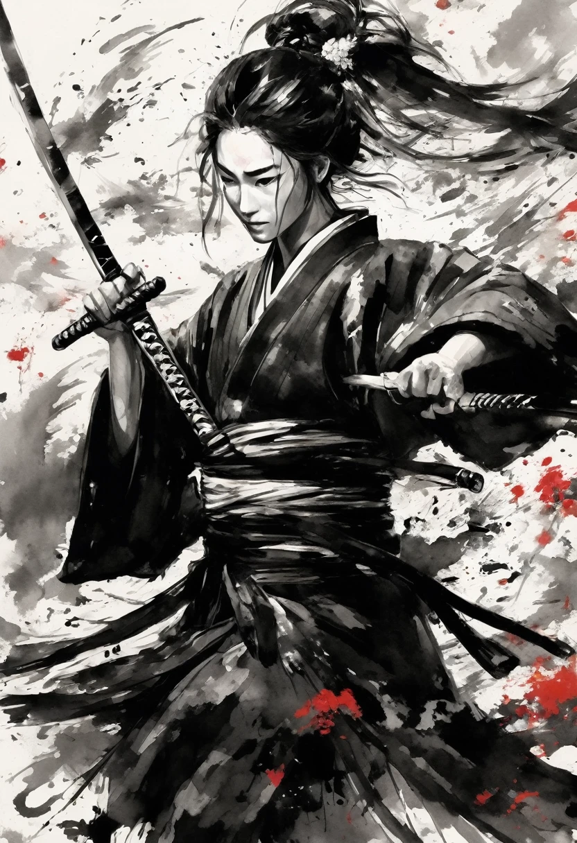 Ink Painting,１color,whole body,smile,Medium Hair,warrior,Black kimono,(Haori),(Intense sword-fighting scene with arms outstretched),Drawing of strokes drawn with rotting ring 0,Dynamic movement and powerful brushstrokes、splash,