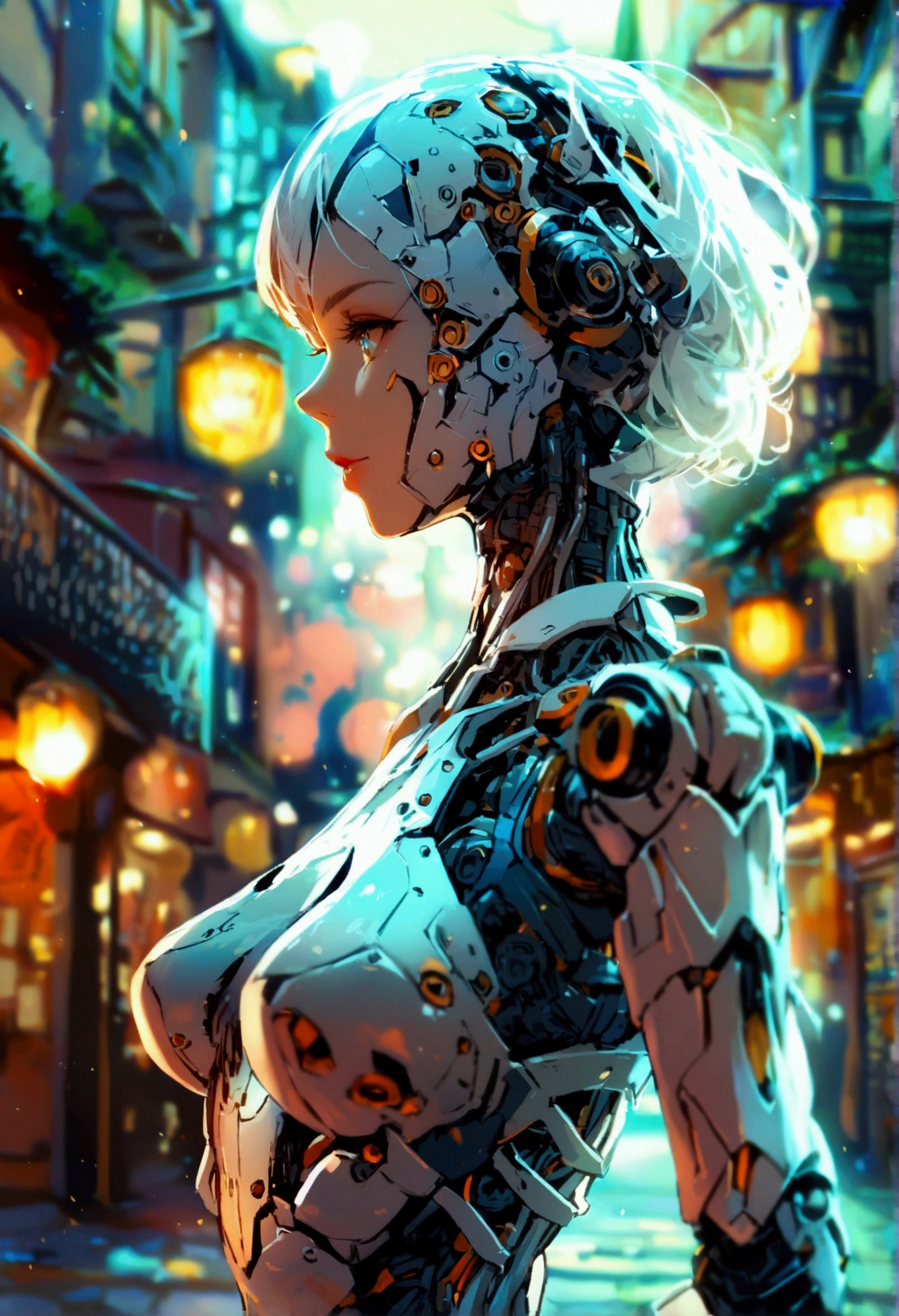 sexy mechanical creature walking in the city, daylight