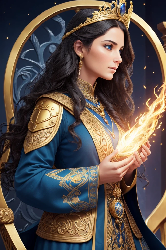 profile photo - persuasion, emotion, without showing the face, only with eyes or mouth, a sign that has a strong connection. A woman with beautiful, striking blue eyes, wavy black hair. Based on the predominant archetypes of Sage and Explorer, Elements:
Water and Earth: Healing, nourishment and stability.
Dark Blue and Gold Colors: Reliability, wisdom and excellence.
Symbols
Power, knowledge, exploration and care. Realistic woman, full HD with an air of naturalness Colors and Symbols:
Gold and Blue: Convey power, leadership and confidence.
Crown, Throne, Scepter: Symbolize authority and control.
Elements:
Fire and Earth: Energy, determination and stability.