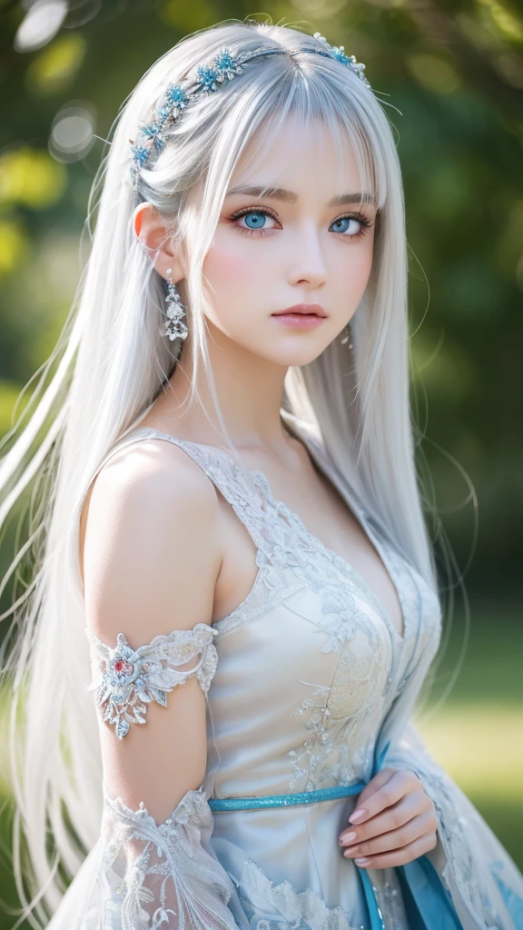 masterpiece, Highest quality, Very detailed, crystal, Intricate details, High resolution, Official Art, Beautifully detailed face and eyes, High resolutionの写真, 8k, Depth of written boundary, Bokeh, alone, One girl, White haired and blue eyed goddess, Long white hair, Beautiful red eyes, heaven, whole body, View your viewers,