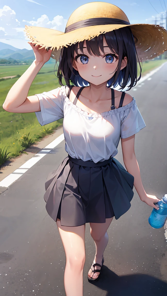 A girl around 10 years old is wearing a straw hat.。Smiling。She is wearing a white one-piece skirt。Wearing a water bottle。Composition from knee to top of head。Walking along a country road。High resolution and high image quality。