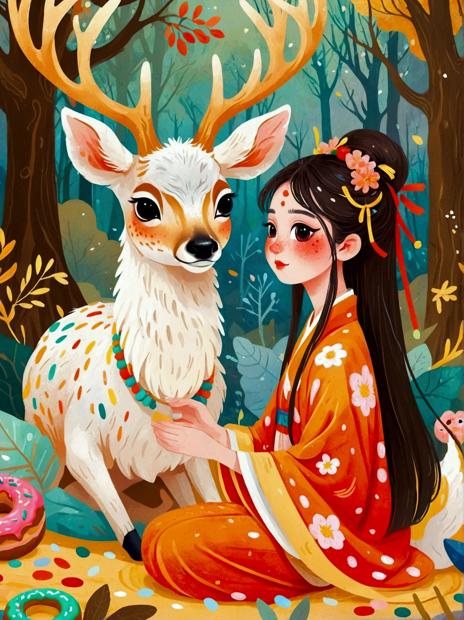 (8k，Bright colors，Bright，Ultra high saturation，rgb, Colorful), Cartoon,Character Design,Surreal photos，Seven-Colored Deer Guardian，High-resolution photos，The huge and beautiful seven-colored deer，A peaceful and dreamy scene，A  in Hanfu sits next to a giant seven-colored deer，(((Eat donuts)))，Donut crumbs fell on the ground，Ask Donuts，详细的Eat donuts动作，so cute，Detailed facial details，The background is a magical forest full of spirituality，Create soft、Flowing atmosphere。Beautiful overall composition，microorganism，plant，Marine Life，Exquisite eyes，Starry Sky，Abstract mosaic painting，Describing the inner world of autistic people，Sense of space，White space，interesting，Innocence，Psychedelic Art，可爱的Q版Cartoon风格，Simple background，Colorful illustrations, Bright colors, Full body image, HD, High-resolution images in a Q-version style