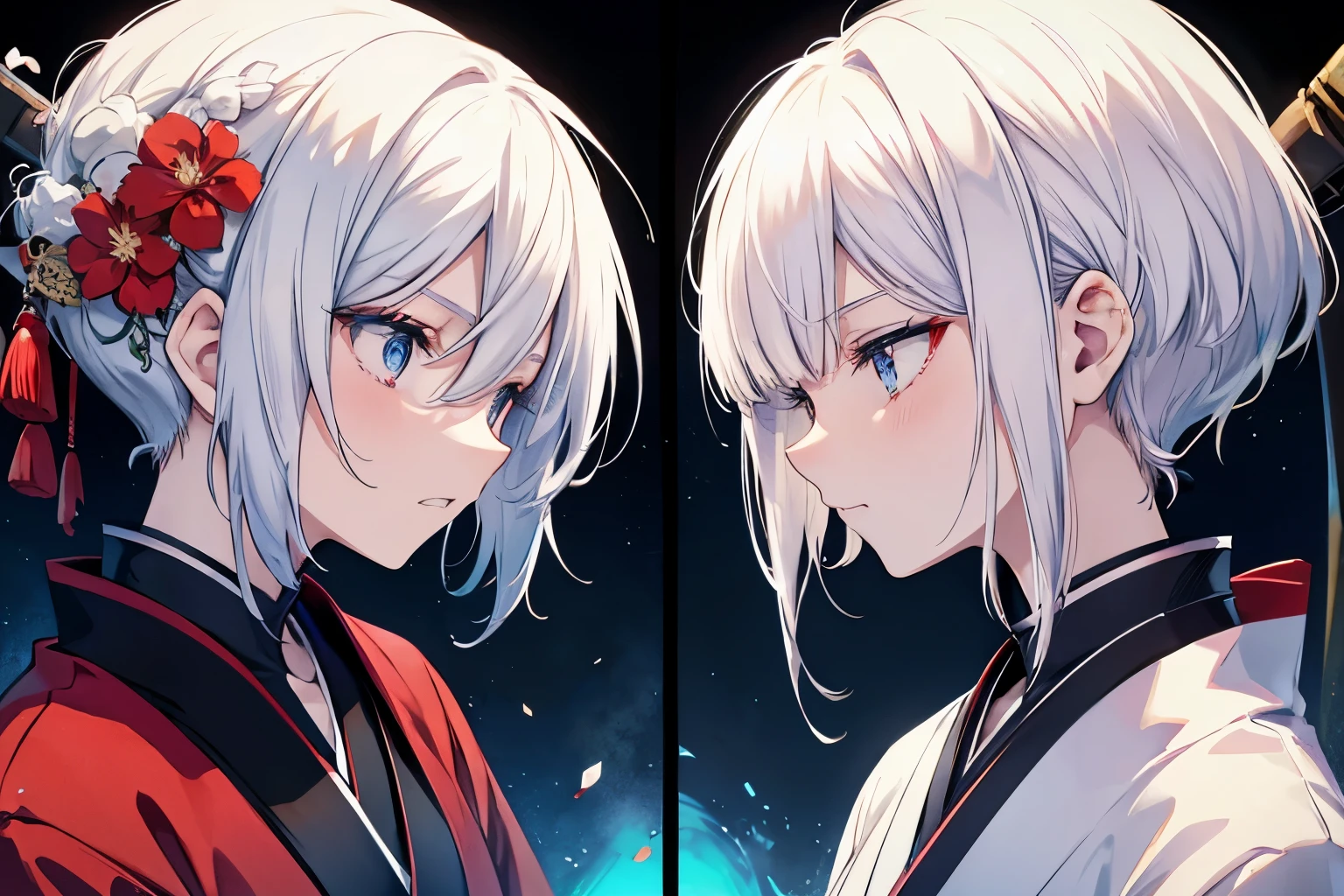 Two Women((Angry look,We grit our teeth)) Blue burning background,Shining swords clash,火Flowers fall off,cross (White Hair,Short bob blue eyes,Super Shine) (Black Hair,long hair,Red eyes,Dull colors),Contrasting Japanese Style,Anime The Wind Blows,Flowers fall off,Ahead ((profile,Extreme close-up)) Filmography,samurai ,kimono
