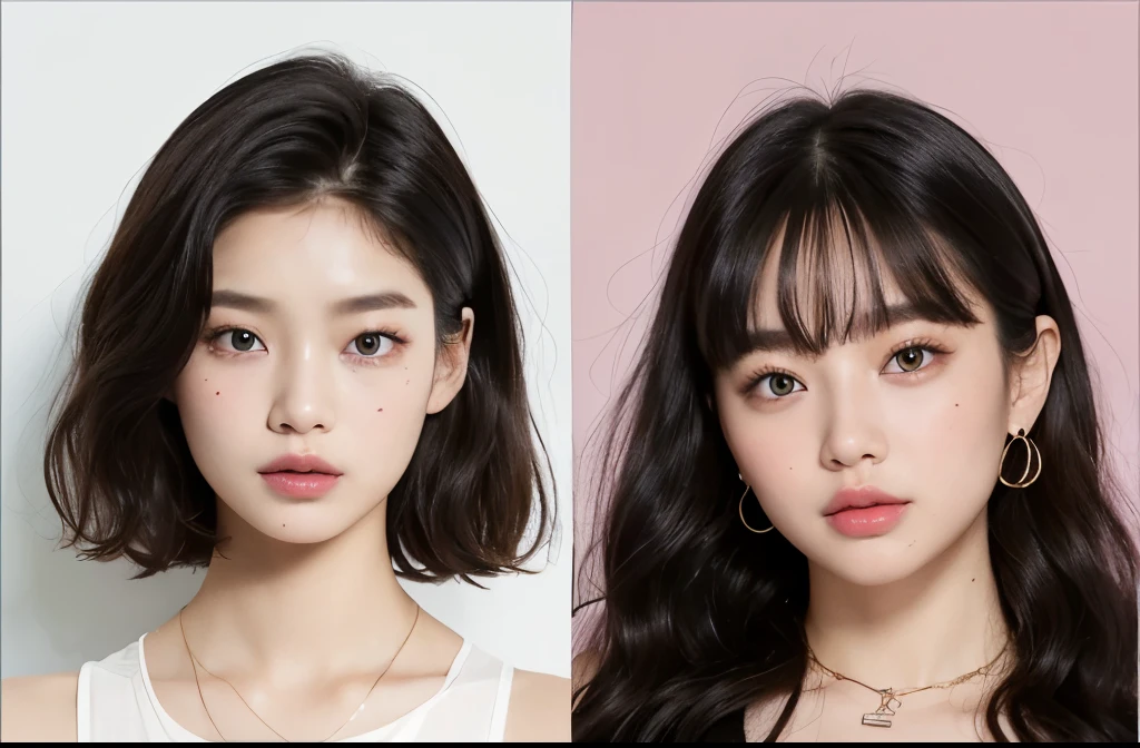 Kim Jennie with black hair, with curls, Brown eyes, pretty eyes, He, pretty lips, pink lips, Heart and cupid shaped lips, Beautiful skin, pale white skin, with moles and freckles all over his face, soft pink blush on cHeeks, douyin makeup, popular korean makeup, with a necklace, while wearing a white shirt, with summer shorts, thin abdomen, (big breasts, deep neckline), VHS style photo, old picture, autophoto, looking to tHe camera