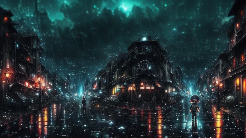 [anime　Ghibli style]The ruined city、The city is devastated by the battlefield and the lights are out。Right in front of a huge, cool robot、Back view of a 。The background is night、The rain is falling sadly。The stars are shining in the night sky。I want to create an image that goes well with ambient music.。