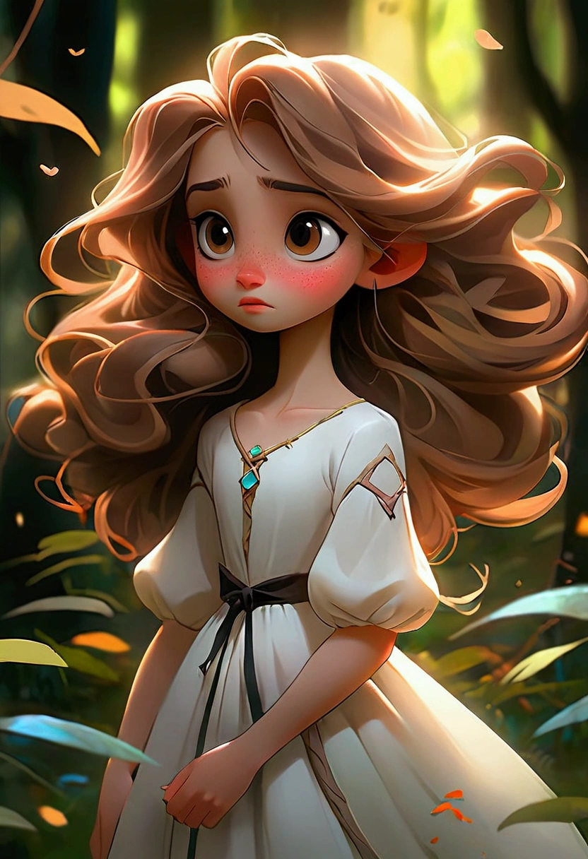 A girl walks through an enchanted forest. The forest is full of tall, slender trees with bright-colored leaves. The girl wears a long, white dress, and her hair is long and black. Her face is serene and peaceful, and her eyes are full of dreams.