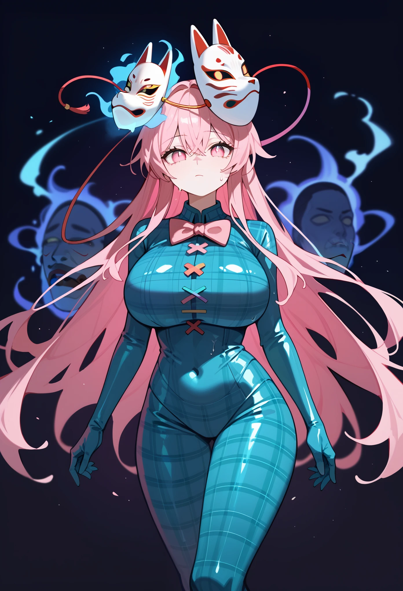 (masterpiece, Highest quality, Ultra-high resolution), 1girl, Hata no Kokoro, fox mask, Pink hair, long hair, pink eyes, Emotionless face, dark background, mask on head, closed mouth, huge breasts, (dark blue latex bodysuit), plaid pattern on suit, The clothes fit perfectly, pink bowtie, Bright red latex has a strong metallic sheen, Glossiness, shiny, whole body slimy, Sweat, Stuffy, steamy, Glossiness, shiny