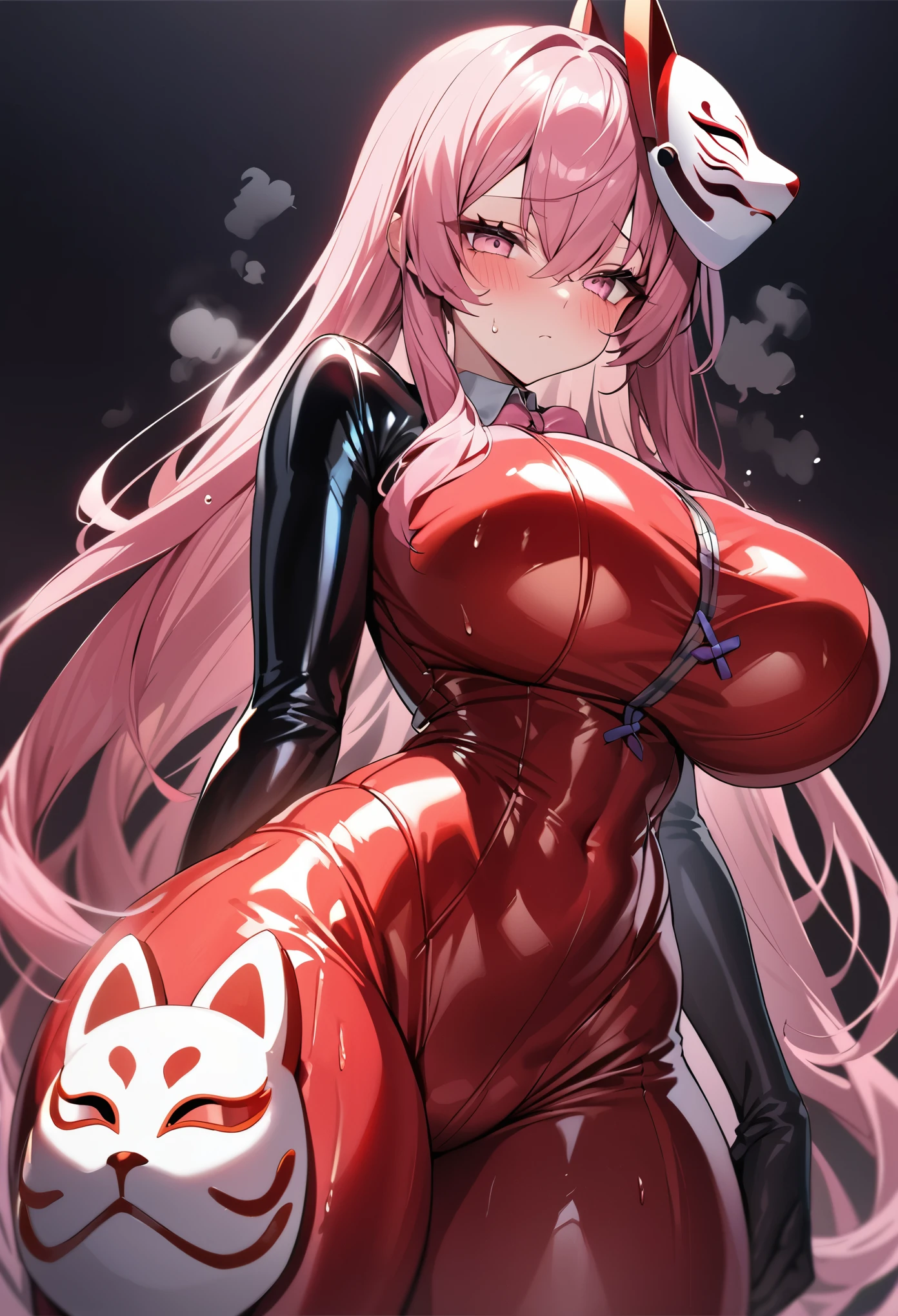 (masterpiece, Highest quality, Ultra-high resolution), 1girl, Hata no Kokoro, fox mask, Pink hair, long hair, pink eyes, Emotionless face, dark background, mask on head, closed mouth, huge breasts, (dark blue latex bodysuit), plaid pattern on suit, The clothes fit perfectly, pink bowtie, Bright red latex has a strong metallic sheen, Glossiness, shiny, whole body slimy, Sweat, Stuffy, steamy, Glossiness, shiny