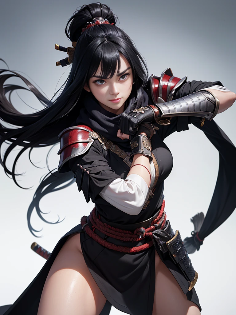 master piece,　best quality,　ultra detailed,　photorealistic,　voluptuous,　1 young girl,　fair skin,　pale skin,　long hair,　black hair,　smile,　mega breasts,　gorgeous bluck kimono,　cowboy shot,　looking up,　white background,　(Japanese SAMURAI Armor：1.4),　(Black armor:1.2)、No exposed skin、(Wearing a long white scarf:1.2)、(gripping katana sword:1.2), Samurai, fighting stance 、Thick eyebrows、Slit eyes, (long bloodstained sword:1.2),  disheveled long black hair、A proud, black-haired beauty standing on the battlefield beloved by the God of War.、　A beautiful woman dominates the battlefield with a single sword