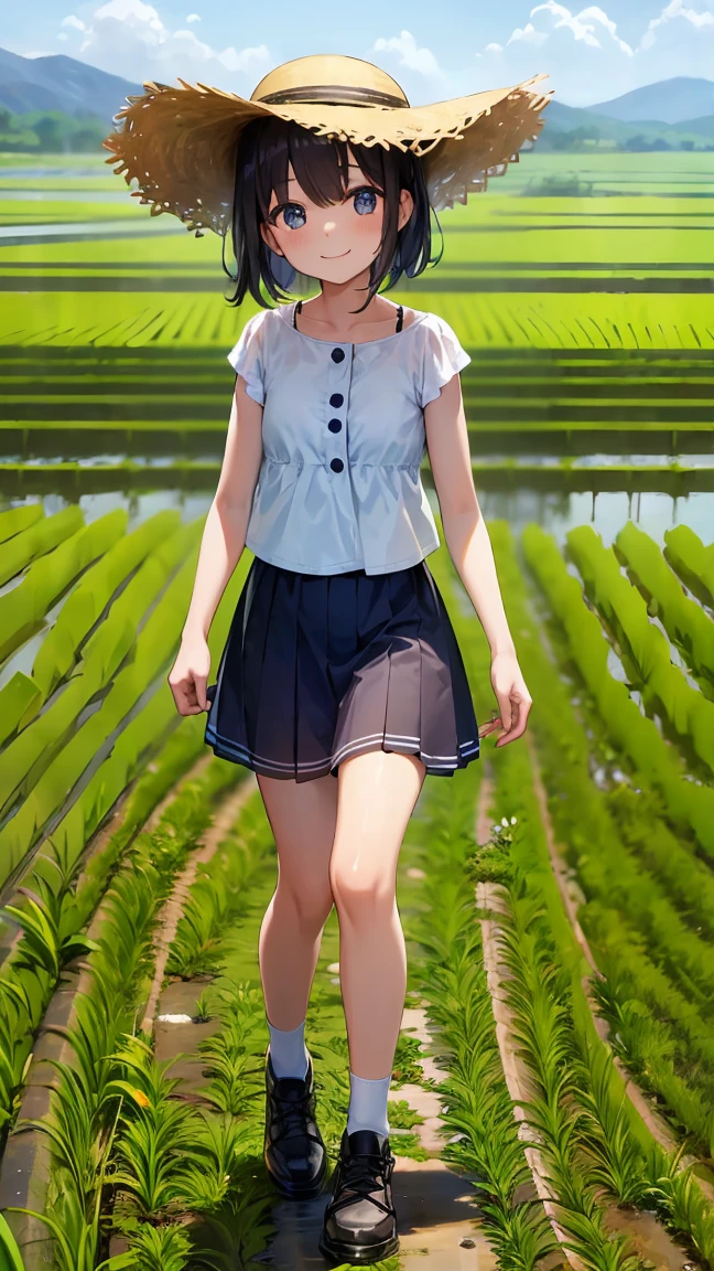 A girl around 10 years old is wearing a straw hat.。Smiling。She is wearing a white one-piece skirt。Wearing a water bottle。Composition from knee to top of head。Walking along a rice field path。High resolution and high image quality。