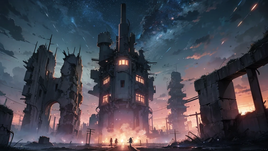 [anime　Ghibli style]The ruined city、The city is devastated by the battlefield and the lights are out。Right in front of a huge, cool robot、Back view of a little boy。The background is night、The rain is falling sadly。The stars are shining in the night sky。I want to create an image that goes well with ambient music.。