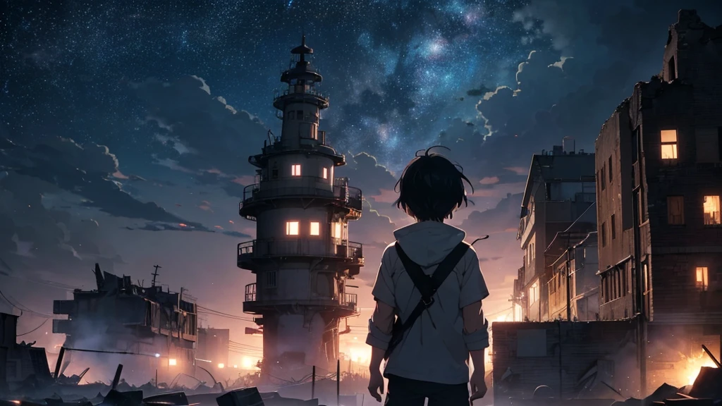 [anime　Ghibli style]The ruined city、The city is devastated by the battlefield and the lights are out。Right in front of a huge, cool robot、Back view of a little boy。The background is night、The rain is falling sadly。The stars are shining in the night sky。I want to create an image that goes well with ambient music.。