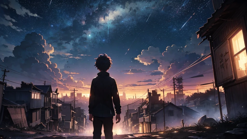 [anime　Ghibli style]The ruined city、The city is devastated by the battlefield and the lights are out。Right in front of a huge, cool robot、Back view of a little boy。The background is night、The rain is falling sadly。The stars are shining in the night sky。I want to create an image that goes well with ambient music.。