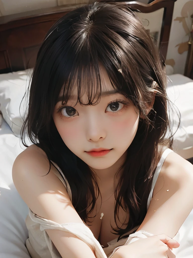Best quality,Realistic,Masterpiece,detailed,high-resolution,Girl,flat chest,in my bed,(squeezing my cock,making me cum:1.2)