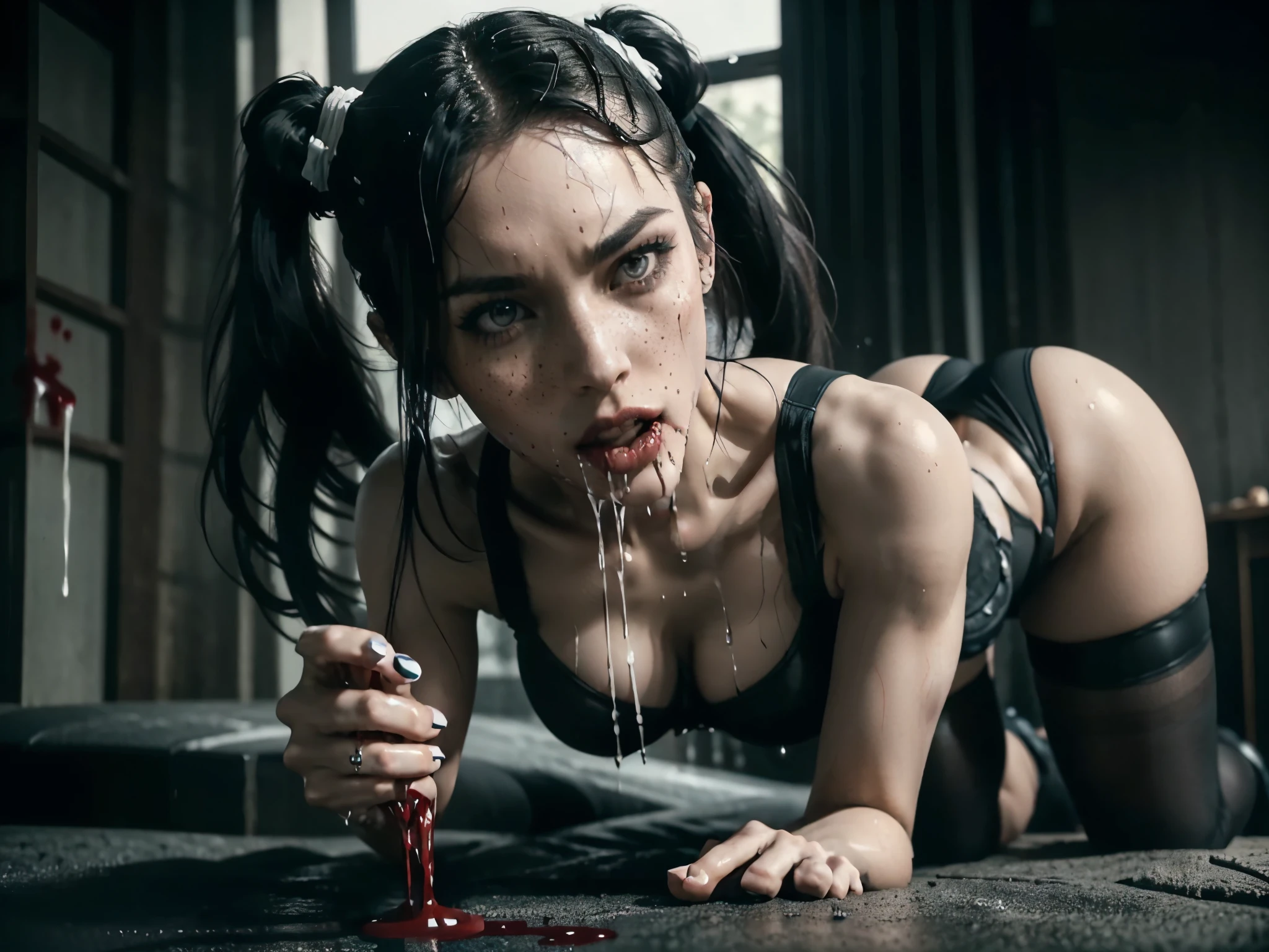 (((red dripping blood))), Her full body is shown giving a Blowjob, She is sucking on a man's penis, she is biting into a man's penis with her sharp fangs intense, super slutty,, POV imamate insertion, (skintight slutty and revealing bodysuit), helpless and at a giantesses mercy ,the 2 women are looking down at you at their feet, ((POV from a Giantess's soon to be human dildo)), ((skirt/pantyhose)), perfect legs and skinny thighs, pantyhose, ((perfect tight ass)), tight wet pussy, giantess, dread, impending death, sex, domination, ((Perfect eyes and face)), ((closed wet full lips)), ((perfect hands and fingers)), ((( a lot of white cum is dripping out of her pussy))), ((she has a skinny and toned strong body)), ((makeup)), ((freckles)), ((perfect eyebrows)), ((sharper edges)), ((perfect scary grey eyes)), perfect intimidating face, slut, sadistic, predatory, better detail on her skin, perfect face and strong jawline, perfect full wet lips, sadistic atmosphere, wet sweaty skin, more detail, beautiful intimidating grey eyes, ((beautiful horror)), better lighting, more toned muscles, perfect detail on her intimidating eyes, very tight underwear, ((tight pussy)), (((tighter clothing))), slutty, intense, perfect detail, tight and sexy, ((piercings)), better detail on her bellybutton, skinny, skinny and strong, more skin showing, intense, slutty, freckles, long skinny perfect legs, scary and intense, she is a skinny and toned 25 year old sexy and perfect and intimidating Japanese/American skinny/tone futuristic evil retribuition alice, pale white skin, eye contact, (full tall body is shown), (((hair with short ponytails and bangs))), , perfect face and eyes, she has a skinny and athletic body wearing pantyhose, only her full body is shown above the viewer looking down at him, perfect face, perfect strong jawline, perfect lips, best resolution, perfect bone structure, femdom, she has a skinny and toned young perfect body and legs, tight stockings and garter belt, looking do