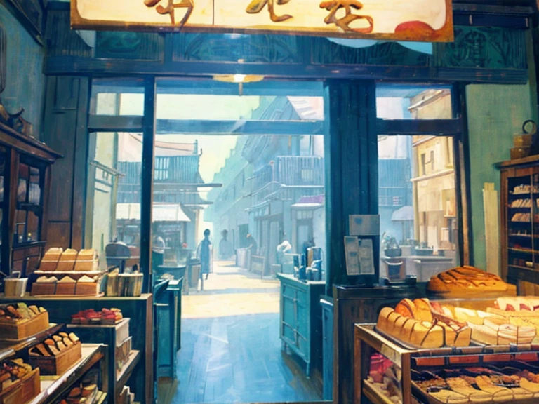 DVD screengrab from studio ghibli movie, (beautiful bakery shop interior:1.4), clouds on blue sky, designed by Hayao Miyazaki, retro anime, street view