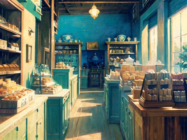 DVD screengrab from studio ghibli movie, (beautiful bakery shop interior:1.4), clouds on blue sky, designed by Hayao Miyazaki, retro anime, street view