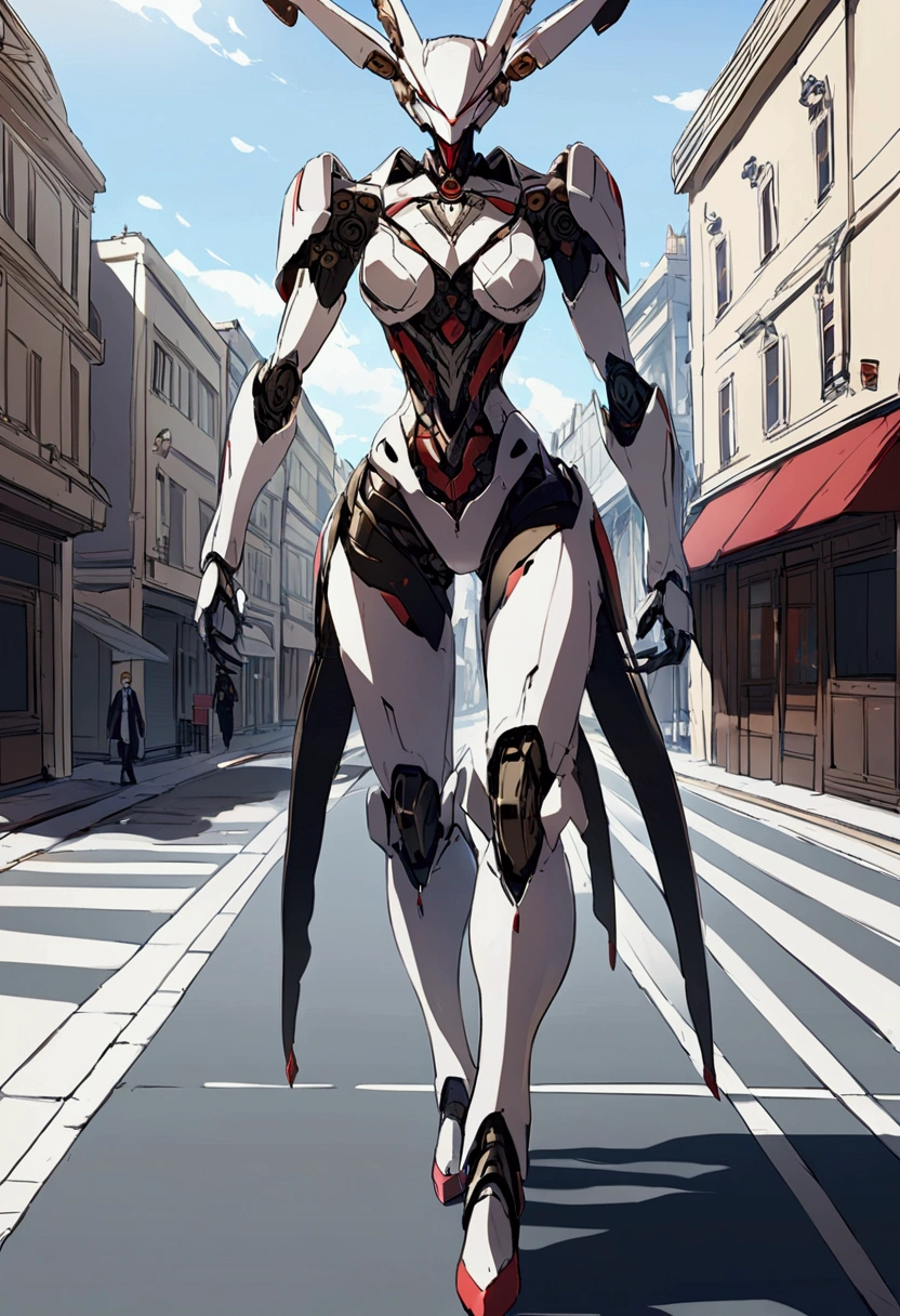 sexy mechanical creature walking in the city, daylight