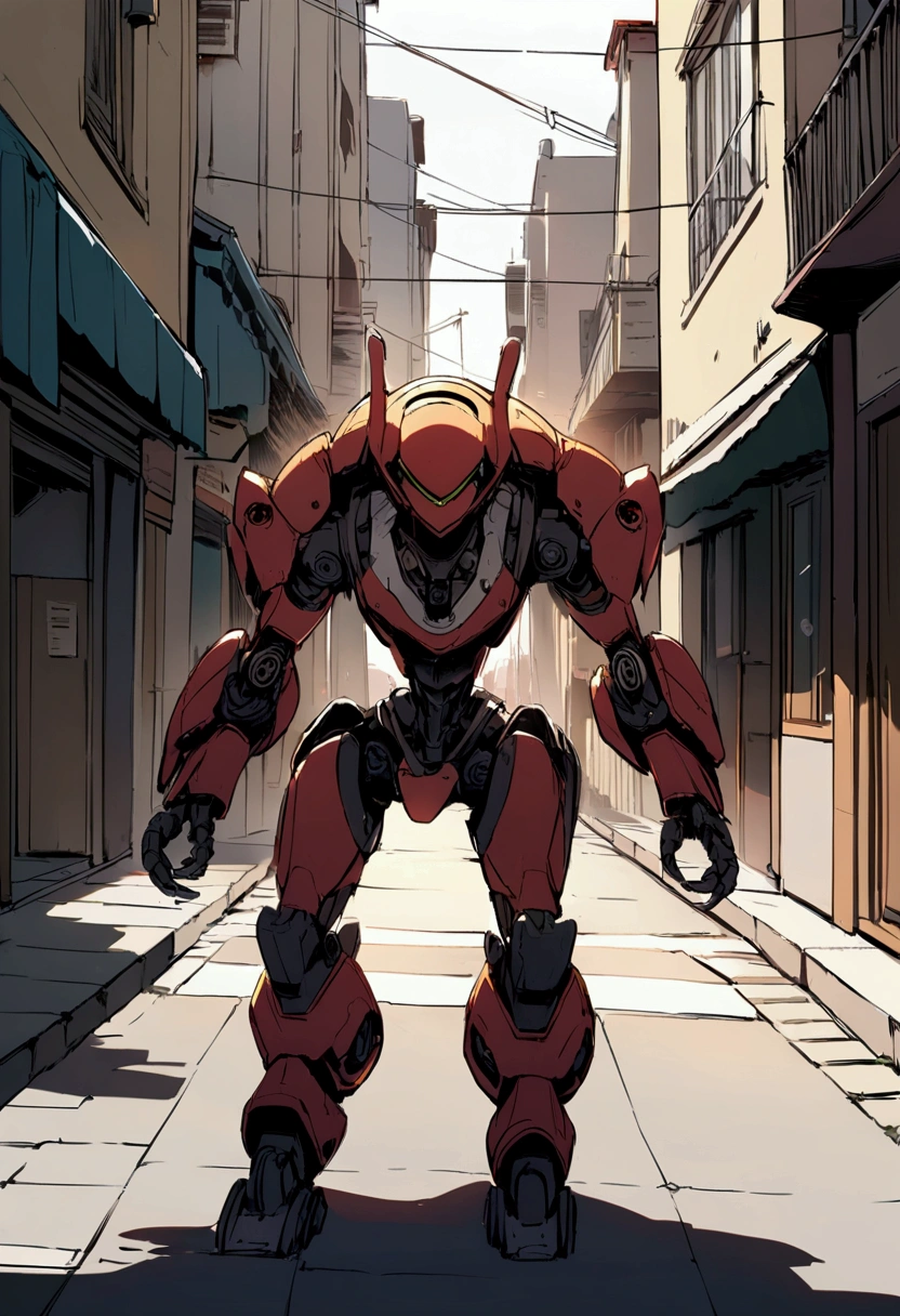 sexy mechanical creature walking in the city, daylight