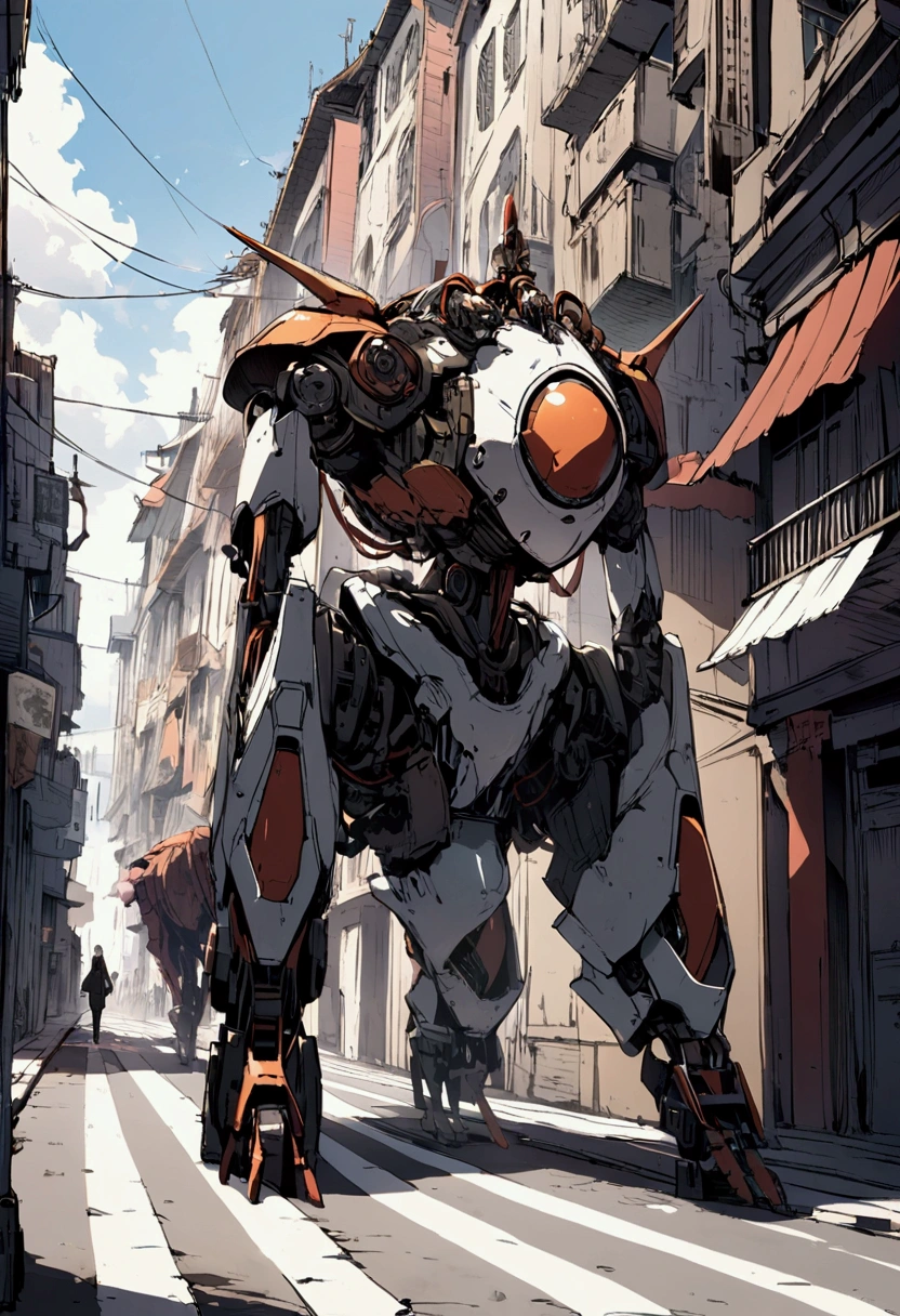 sexy mechanical creature walking in the city, daylight