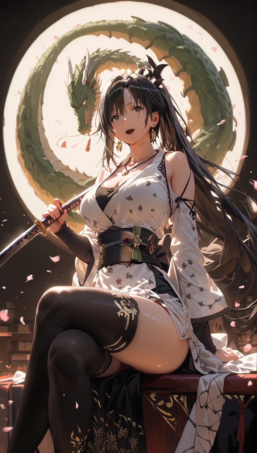 (hews art style:0.7), (hero neisan art style:0.7), score_9, score_8_up, score_7_up, score_6_up, score_5_up, score_4_up, uncensored, shizuka hiratsuka, long hair, black hair, black eyes, BREAK (masterpiece:1.2), best quality, high resolution, (detailed eyes:1.3), perfect lighting, (perfect hands, perfect anatomy), 1girl, breasts, japanese clothes, large breasts, solo, weapon, sword, kimono, magatama, katana, sash, jewelry, thighhighs, cleavage, smile, obi, thighs, earrings, rope belt, ponytail, magatama necklace, wide sleeves, looking at viewer, white kimono, open mouth, necklace, detached sleeves, grey kimono, cherry blossoms, black thighhighs, holding weapon, holding, holding sword, long sleeves, bare shoulders, dragon print, weapon over shoulder 