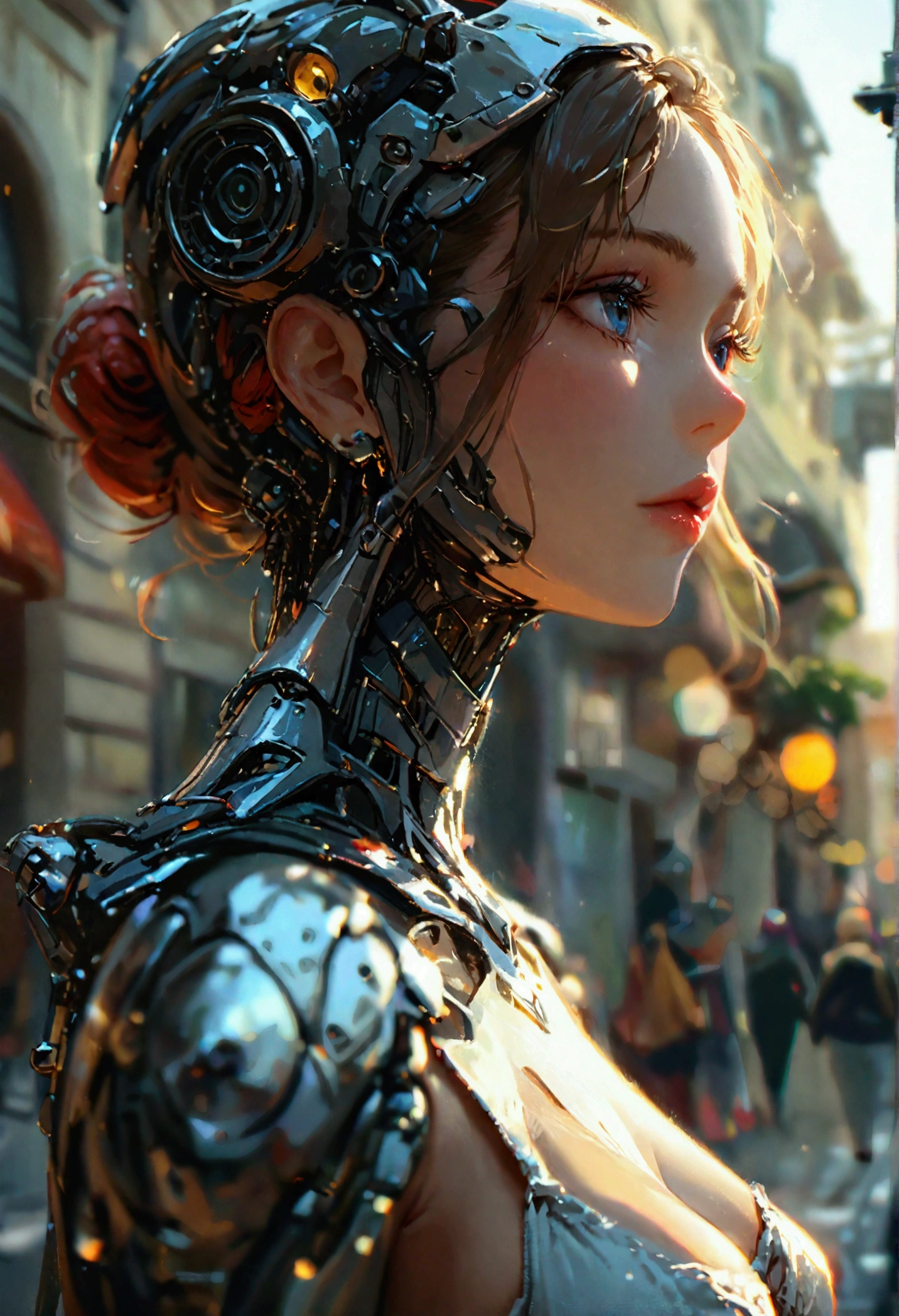 sexy mechanical creature walking in the city, daylight
