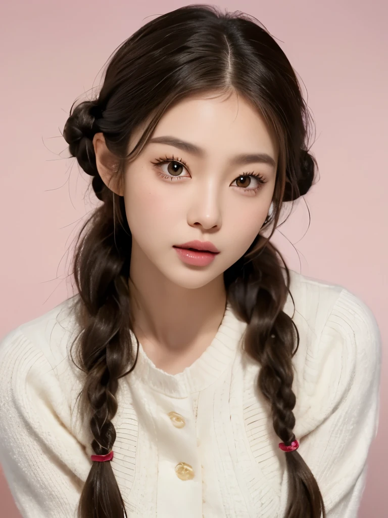 Kim Jennie with dark brown hair, while she has two pretty braids, loose braids, with little curlers in her hair, with light brown eyes, pretty eyes, with long and beautiful eyelashes, perfect eyebrows, thick heart shaped lips with cupid's bow, crimson lips, pretty skin, pale white skin,with pink tones, with a natural blush and soft crimson color, with light makeup, with freckles and moles on her cheeks, upturned and pretty nose, button nose, pretty nose, while he is drinking a coke, (big breasts, nice breasts, soft breasts, hide naked), while sitting in an armchair, looking to the camera, Beautiful photo, selfie