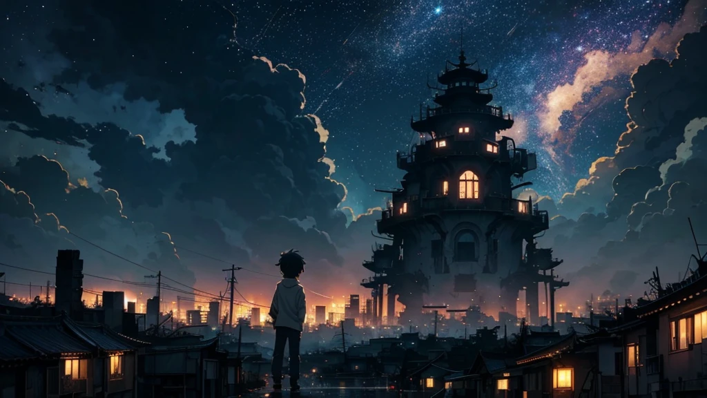 [anime　Ghibli style]The ruined city、The city is devastated by the battlefield and the lights are out。Right in front of a huge, cool robot、Back view of a little boy。The background is night、The rain is falling sadly。The stars are shining in the night sky。I want to create an image that goes well with ambient music.。