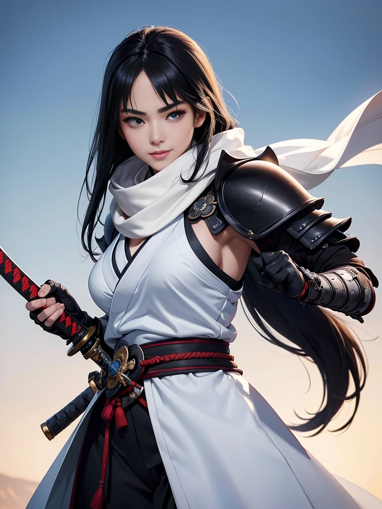 master piece,　best quality,　ultra detailed,　photorealistic,　voluptuous,　****ung girl,　fair skin,　pale skin,　long hair,　black hair,　smile,　mega breasts,　gorgeous bluck kimono,　cowboy shot,　looking up,　white background,　(Japanese SAMURAI Armor：1.4),　(Black armor:1.2)、No exposed skin、(Wearing a long white scarf:1.2)、(gripping katana sword:1.2), Samurai, fighting stance 、Thick eyebrows、Slit eyes, (long bloodstained sword:1.2),  disheveled long black hair、A proud, black-haired beauty standing on the battlefield beloved by the God of War.、　A beautiful woman dominates the battlefield with a single sword