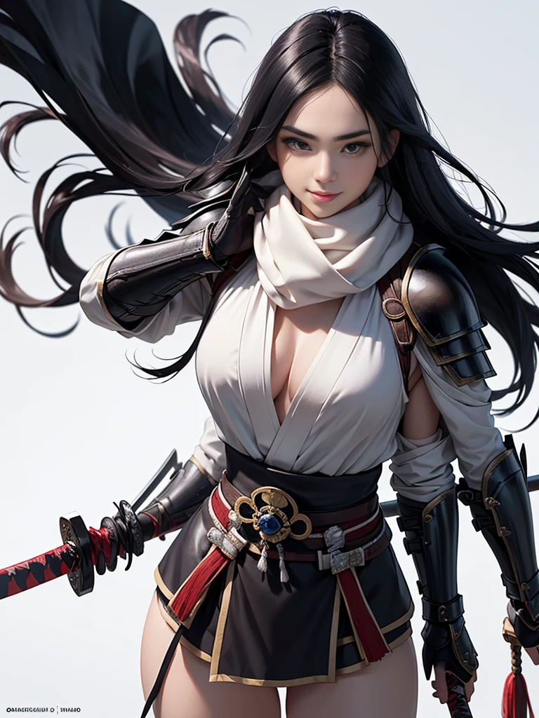 master piece, best quality, ultra detailed, photorealistic, voluptuous, ung girl, fair skin, pale skin, long hair, black hair, smile, mega breasts, gorgeous bluck kimono, cowboy shot, looking up, white background, (Japanese SAMURAI Armor:1.4), (Black armor:1.2)、No exposed skin、(Wearing a long white scarf:1.2)、(gripping katana sword:1.2), Samurai, fighting stance 、Thick eyebrows、Slit eyes, (long bloodstained sword:1.2), disheveled long black hair、A proud, black-haired beauty standing on the battlefield beloved by the God of War.、 A beautiful woman dominates the battlefield with a single sword
