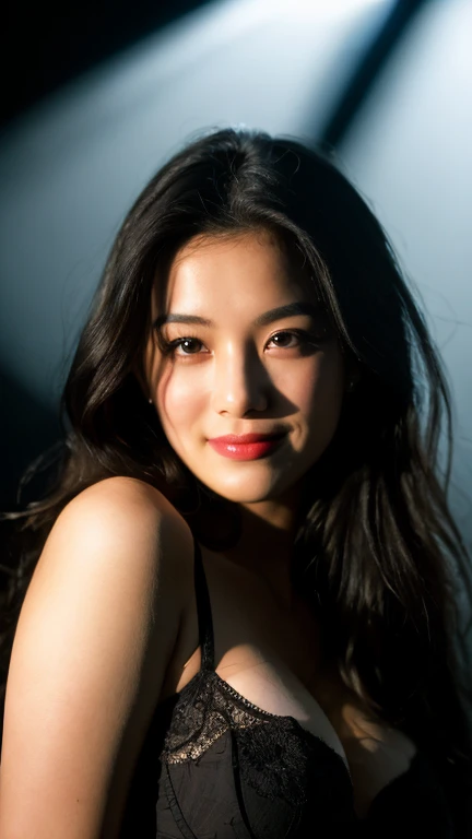 highest quality, epic realistic, ((in the pitch black darkness :1.4)), ((portrait:1.5)),(background: dark ) high contrast ,glorious picture, lowest lux, lighting face, she's comfortable, wearing lingerie, looks incredible, (8k, Raw photo, Highest quality),(epic realistic:1.5), a woman, face,(detailed eyes:0.8),(looking at the camera:1.4), (Highest quality), ( high contrast, deep shadows),Intricate details,cinematic,((skin:1.4)), (long dark hair:1.3), long hair, messy ,(Hdr:1.5),Detailed, colors, Superior quality, Masterpiece, Raw Photo (20-year-old, looking at viewer), beautiful, (wearing ,), perfect, natural, perfect composition, portrait, perfect face, smiling expression, Captivating eyes, Bright details, Tight lips, (High Skin Detail),, (blue tint: 0.6), (sale: 0.8), (bloody: 0.7), Key lighting , (backlight: 0.5), Medium depth of field, Canon 5d, 50mm lens, f/4 apertures, (Ultra-detailed, Complex detail), sharp focus, soft colors, 8k, Absurd, 80mm, dark background, photography, smiling, medium ,