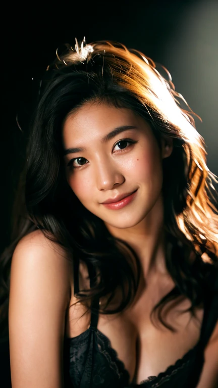 highest quality, epic realistic, ((in the pitch black darkness :1.4)), ((portrait:1.5)),(background: dark ) high contrast ,glorious picture, lowest lux, lighting face, she's comfortable, wearing lingerie, looks incredible, (8k, Raw photo, Highest quality),(epic realistic:1.5), a woman, face,(detailed eyes:0.8),(looking at the camera:1.4), (Highest quality), ( high contrast, deep shadows),Intricate details,cinematic,((skin:1.4)), (long dark hair:1.3), long hair, messy ,(Hdr:1.5),Detailed, colors, Superior quality, Masterpiece, Raw Photo (20-year-old, looking at viewer), beautiful, (wearing underwear,), perfect, natural, perfect composition, portrait, perfect face, smiling expression, Captivating eyes, Bright details, Tight lips, (High Skin Detail),, (blue tint: 0.6), (sale: 0.8), (bloody: 0.7), Key lighting , (backlight: 0.5), Medium depth of field, Canon 5d, 50mm lens, f/4 apertures, (Ultra-detailed, Complex detail), sharp focus, soft colors, 8k, Absurd, 80mm, dark background, photography, smiling, medium ,