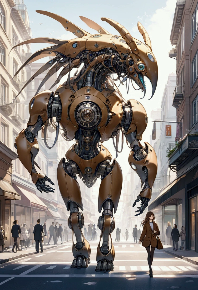 sexy mechanical creature walking in the city, daylight