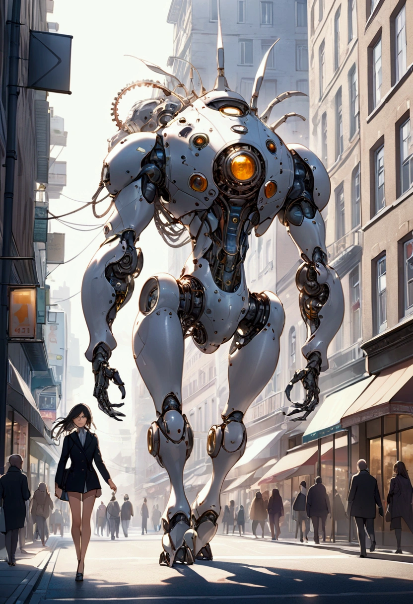sexy mechanical creature walking in the city, daylight