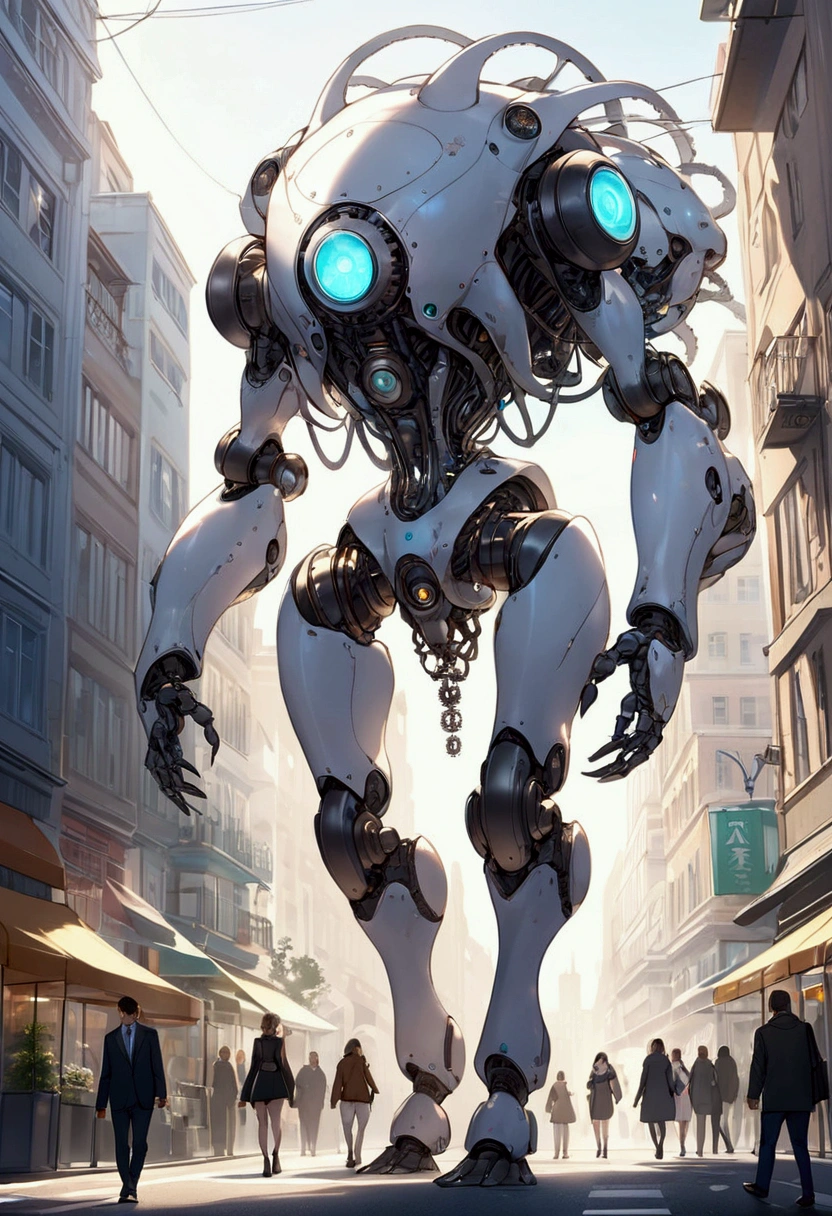 sexy mechanical creature walking in the city, daylight