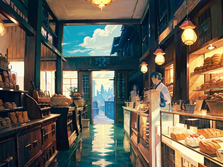 DVD screengrab from studio ghibli movie, (beautiful bakery shop interior:1.4), clouds on blue sky, designed by Hayao Miyazaki, retro anime, street view