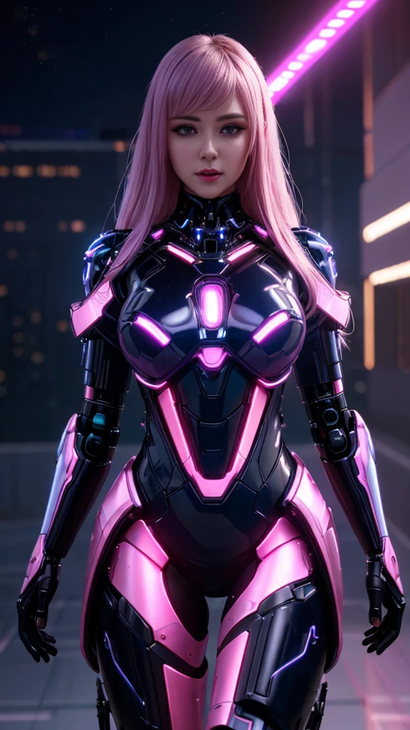 Masterpiece, beautiful cybernetic girl in evening dress, pink and blue parts, nightlife background, 30k, perfect lighting, cinematic lighting, sharp focus, high details, composition Highly detailed, intricate clothing details, shallow depth of light, HDR, stunning lighting, physics-based rendering.