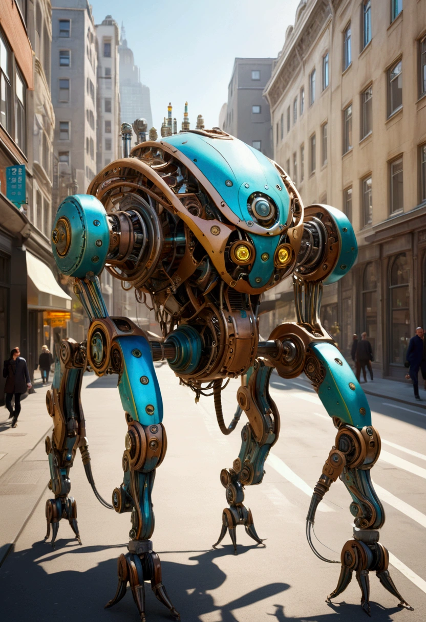 sexy mechanical creature walking in the city, daylight
