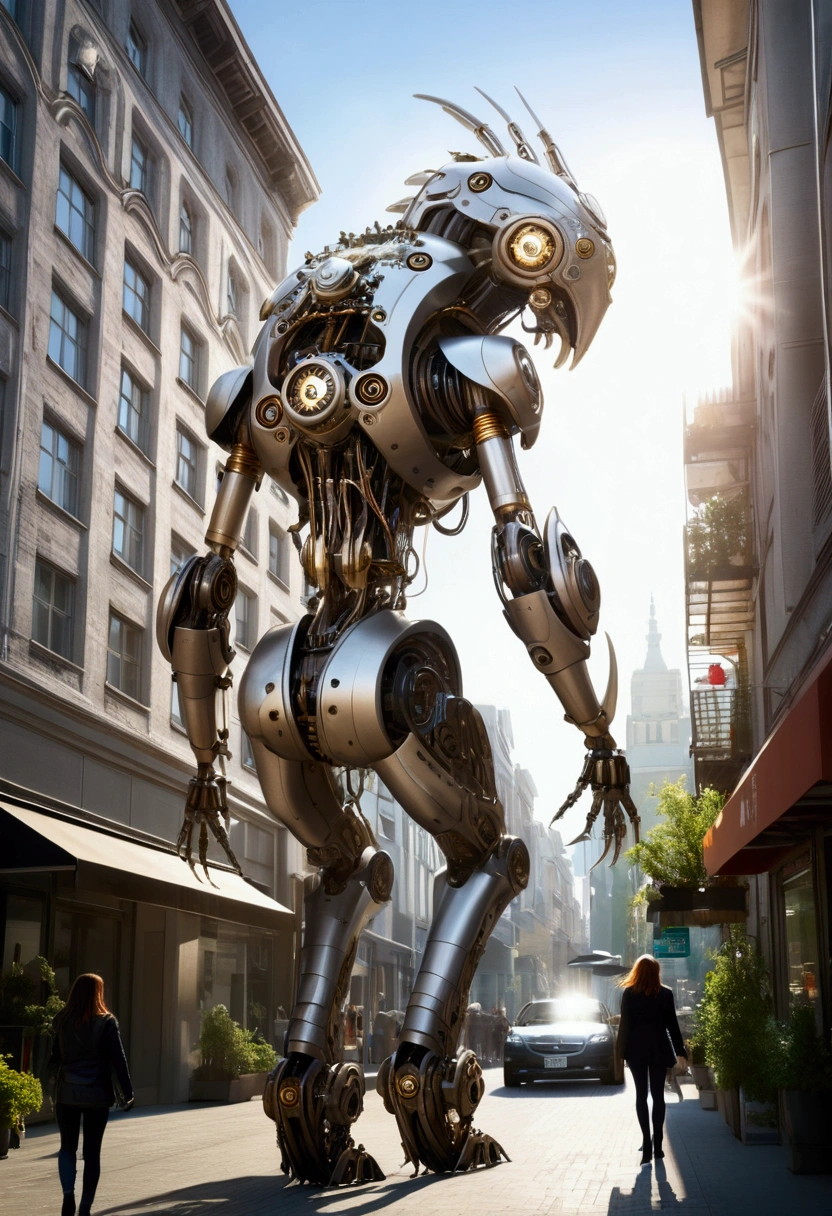 sexy mechanical creature walking in the city, daylight