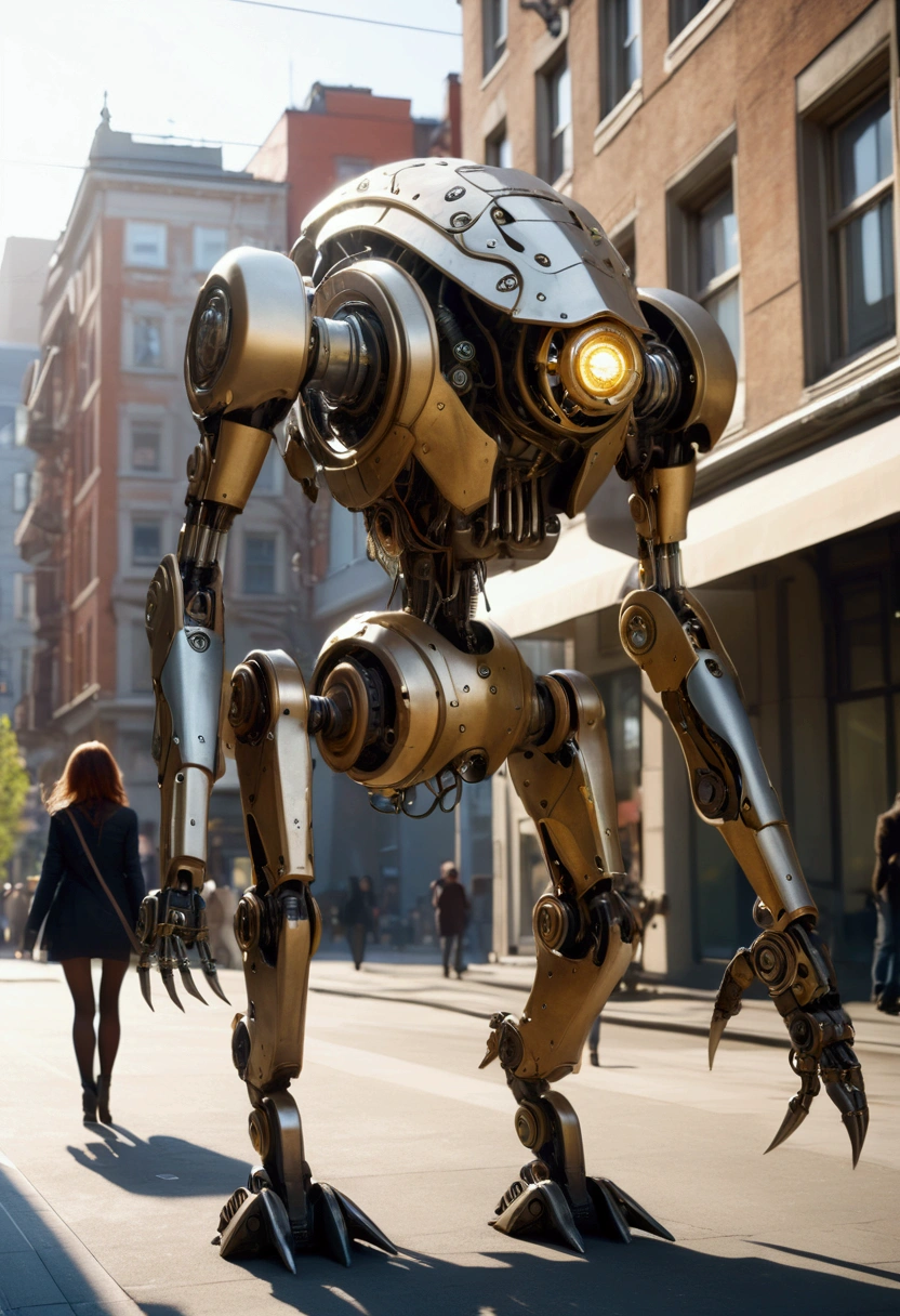sexy mechanical creature walking in the city, daylight