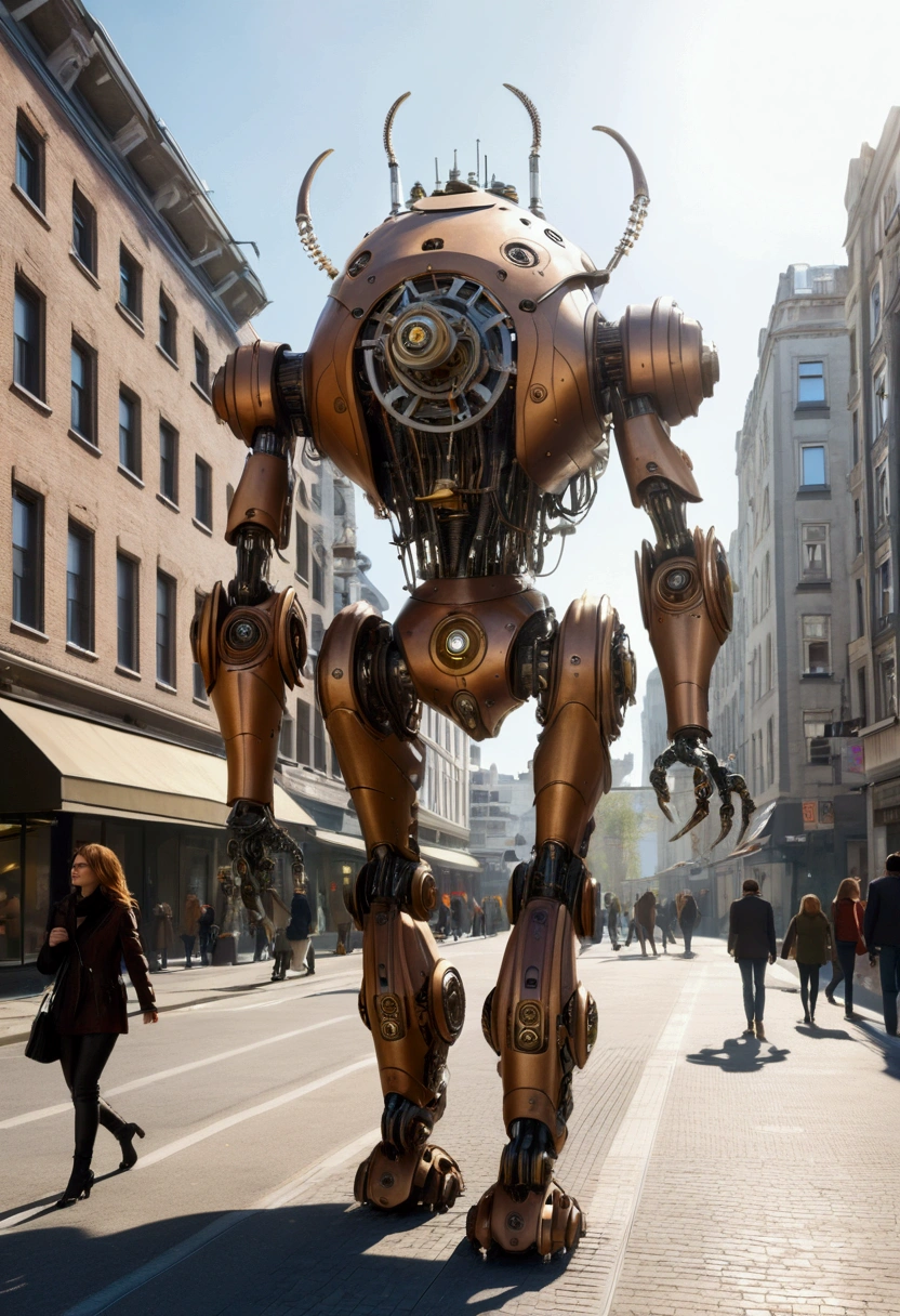 sexy mechanical creature walking in the city, daylight