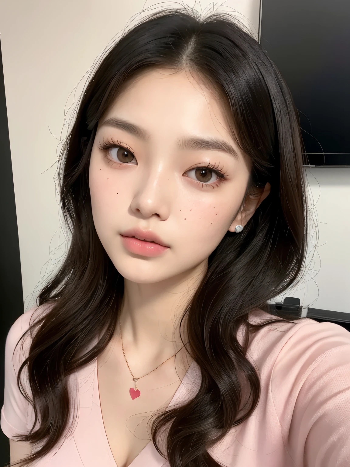 Kim Jennie with black hair, with curls, Brown eyes, pretty eyes, He, pretty lips, pink lips, Heart and cupid shaped lips, Beautiful skin, pale white skin, with moles and freckles all over his face, soft pink blush on cHeeks, douyin makeup, popular korean makeup, with a necklace, while wearing a white shirt, with summer shorts, thin abdomen, (big breasts, deep neckline), VHS style photo, old picture, autophoto, looking to tHe camera