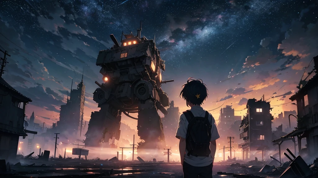 [anime　Ghibli style]The ruined city、The city is devastated by the battlefield and the lights are out。Right in front of a huge, cool robot、Back view of a 。The background is night、The rain is falling sadly。The stars are shining in the night sky。I want to create an image that goes well with ambient music.。