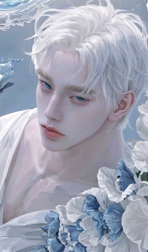 1 beautiful man, top quality picture, Whie hair, plump lips, Blue eyes, 18 years old albino man. perfect symmetry, vibrant and clear, high level of detail and definition, 1200 PPI – Photographic resolution with greater central realism, Hyper-realistic, cinematic high-fidelity 16K UHD image resolution