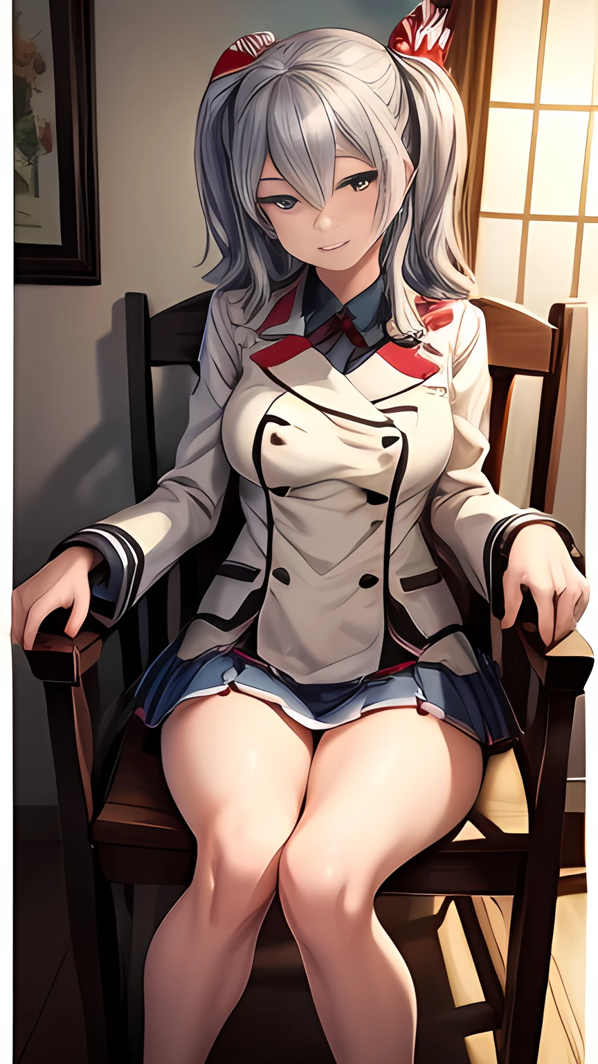 (masterpiece,best quality:1.4),(8k,raw photo,photo realistic:1.2),shiny skin,detailed skin,detailed face,detailed eyes,1girl,Japanese idol,beautiful face,Silver Hair,Kashima,He is wearing a uniform and sitting on a chair with a cane,smile,Holding a whip, anime girl , SS Military, Kantai Collection Style, Cosplayer, anime photo