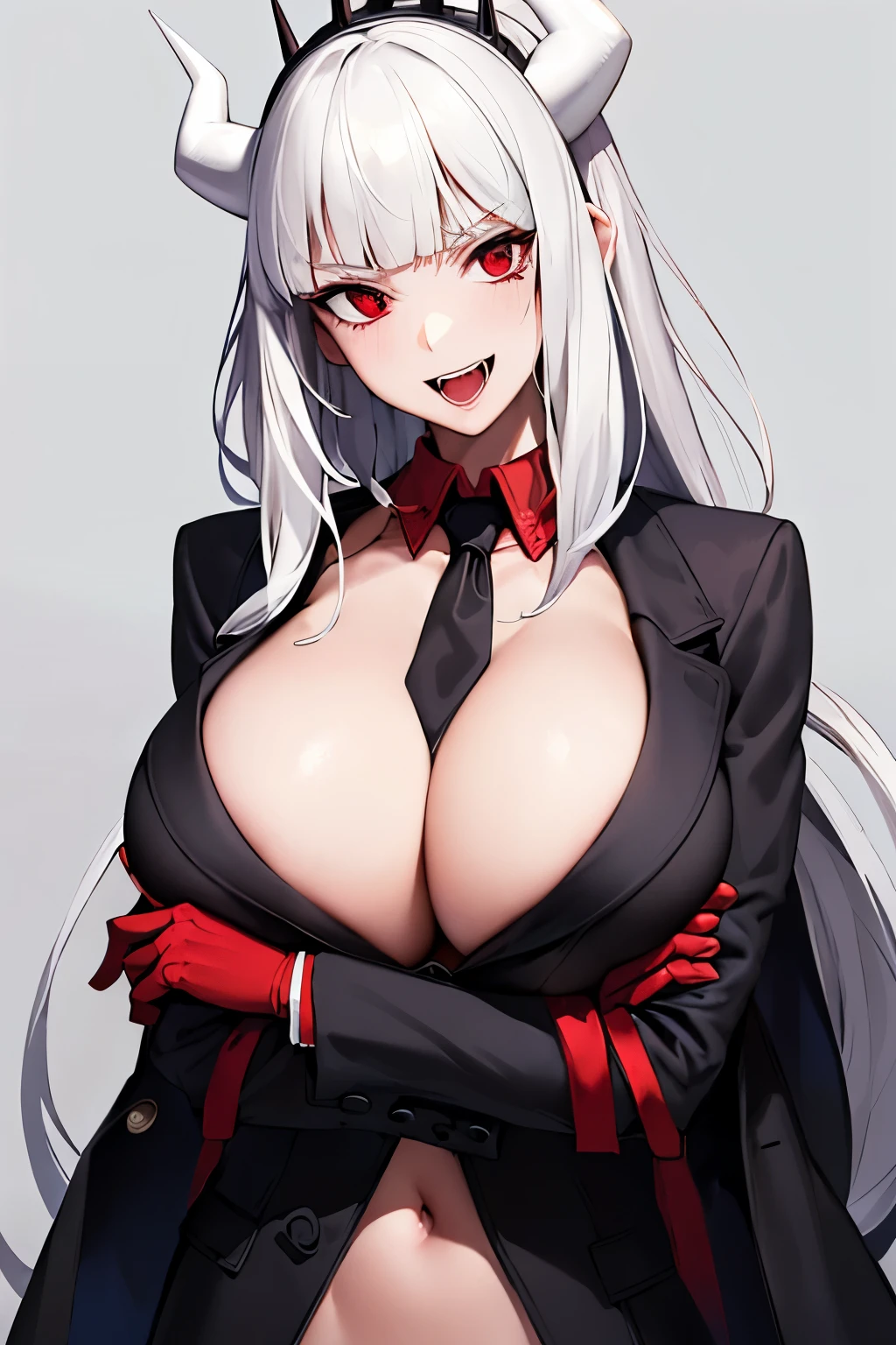 Masterpiece, Best Quality, 1girl, Justice(helltaker), lucifer(helltaker), (Black jacket with a large neckline:1.4),( naked breasts:1.5),( big beautiful tits:1.5), (Bare Tits:1.5),fangs, Shirt, white gloves, horns demon, black necktie, looking a viewer, formal, upper-body, Demon Girl, red eyes, Smile, red background, 1girl, white colored hair, open mouth, tail, shirt with collar, taupe, tie, solo, suit, White horns, Horns, Demon Tail, long sleeves, jacket, Red shirt, gloves, Long hair, crossed arms,