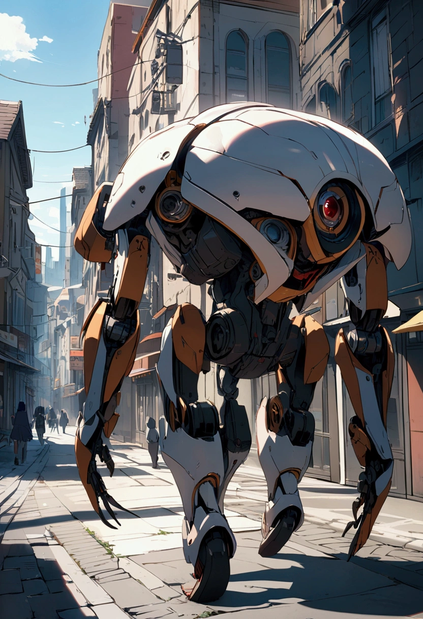 sexy mechanical creature walking in the city, daylight