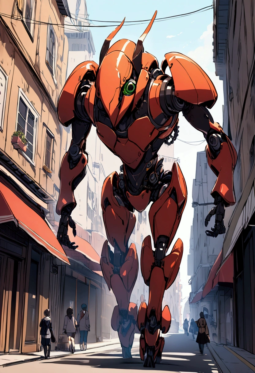 sexy mechanical creature walking in the city, daylight